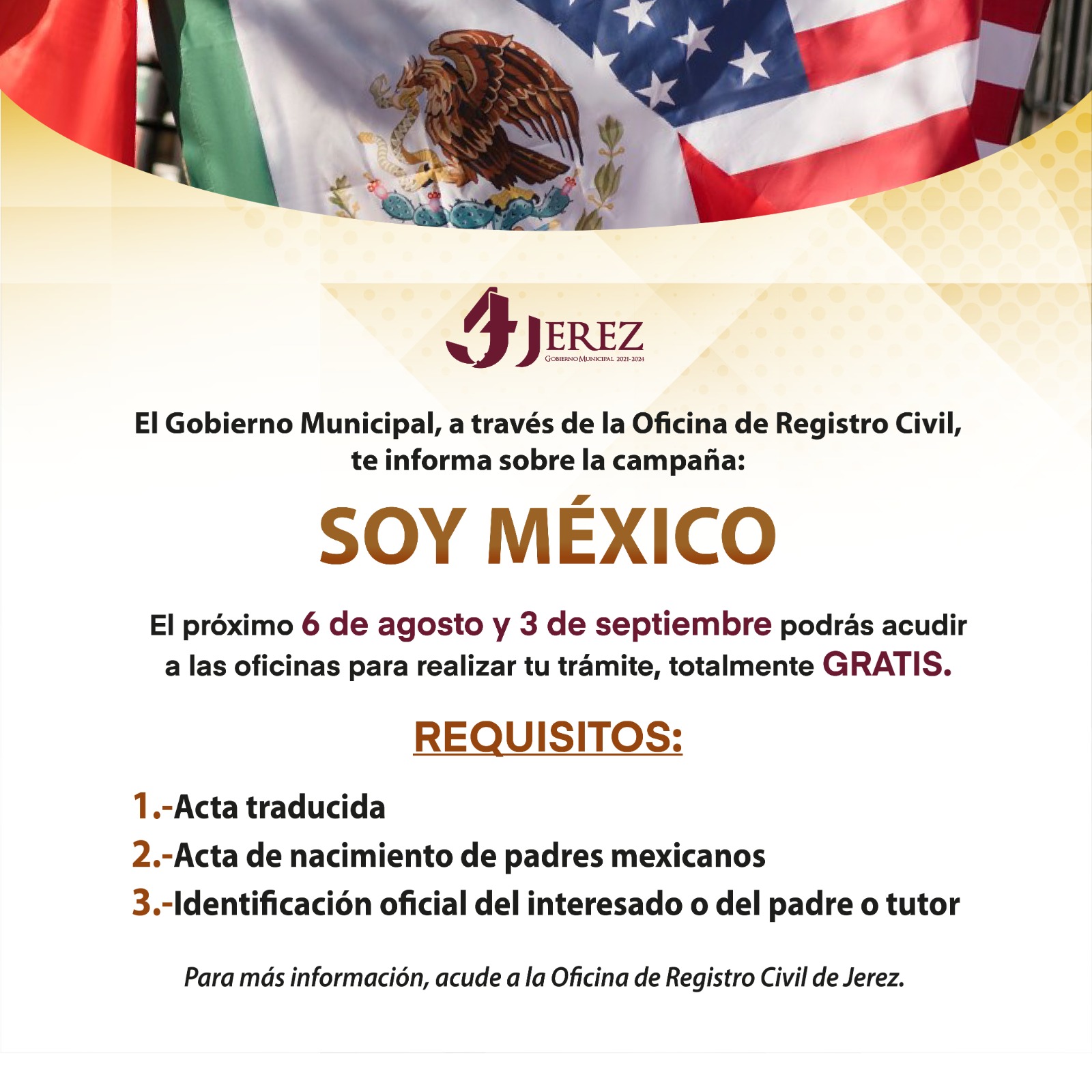 REALIZARÁ LA OFICINA DE REGISTRO CIVIL CAMPAÑA DE ATENCIÓN AL PROGRAMA SOY MÉXICO, EN JEREZ