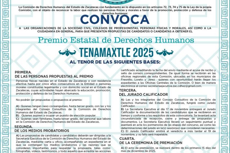 CONVOCA CDHEZ AL PREMIO ESTATAL DE DERECHOS HUMANOS “TENAMAXTLE 2025”
