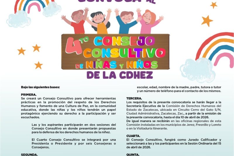 Convoca la CDHEZ al Cuarto Consejo Consultivo Infantil de Niñas y Niños